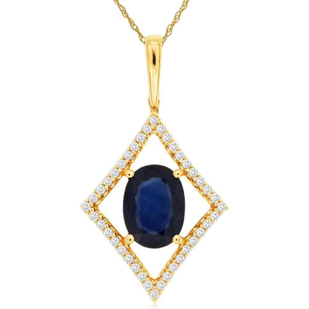 14K Yellow Gold Geometric Diamond Halo Pendant with Oval Blue Sapphire - 1.40 Carat Sapphire, 0.15 Carat Total Diamond Weight - Royal Jewelry