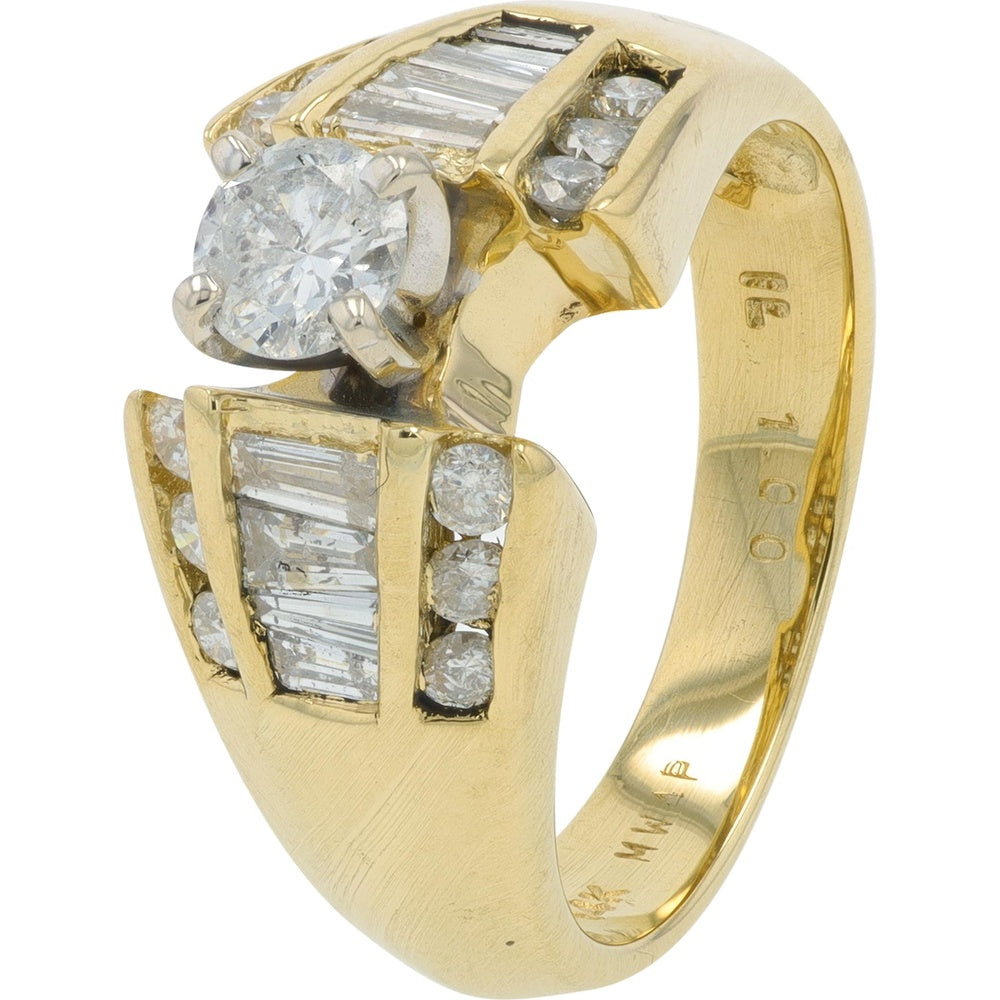 14K Yellow Gold Geometric Diamond Ring with Round Center and Channel-Set Baguette Accents - 1.00 Carat Total Diamond Weight