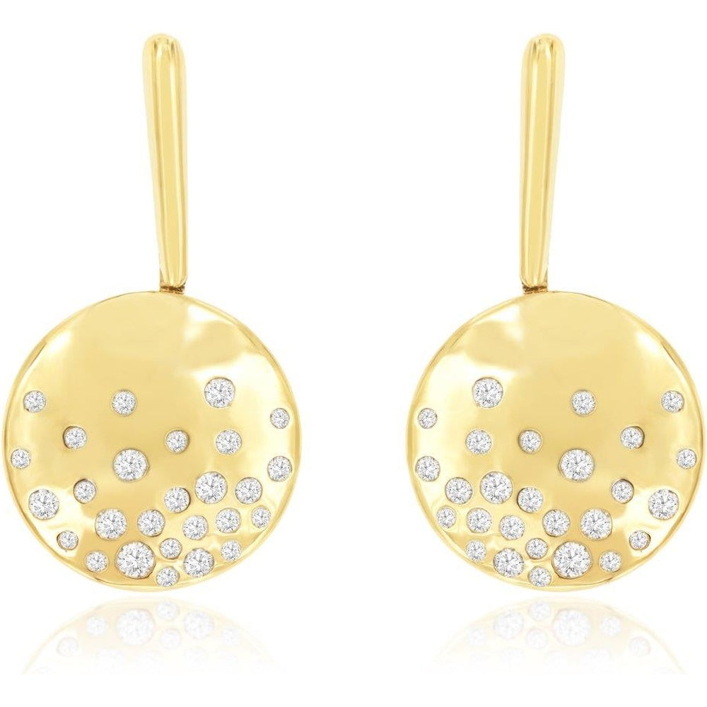 14K Yellow Gold Geometric Disc Drop Earrings with Flush-Set Round Brilliant Cut Diamonds - 0.50 Carat Total Diamond Weight - Royal Jewelry