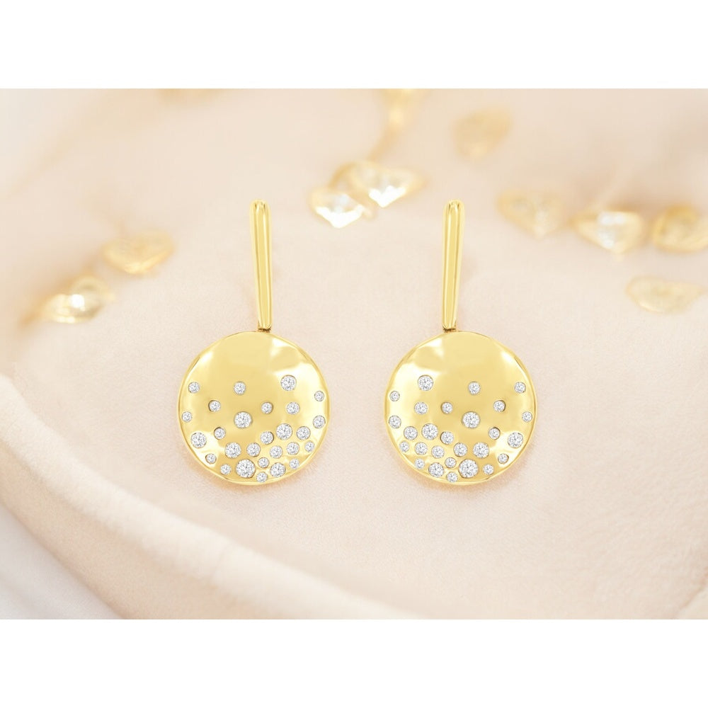 14K Yellow Gold Geometric Disc Drop Earrings with Flush-Set Round Brilliant Cut Diamonds - 0.50 Carat Total Diamond Weight - Royal Jewelry