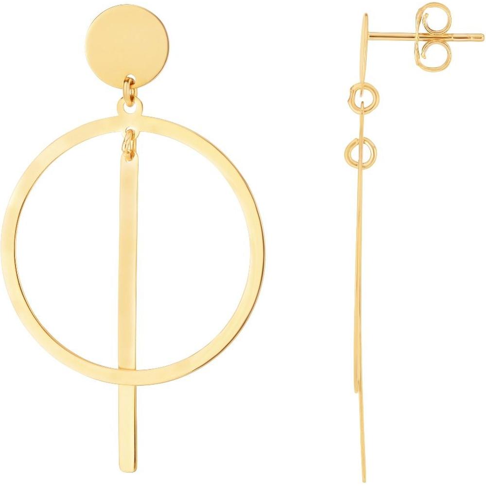 14K Yellow Gold Geometric Drop Earrings with Circle and Bar Design - Polished Finish by Orozza Fine Jewelry
