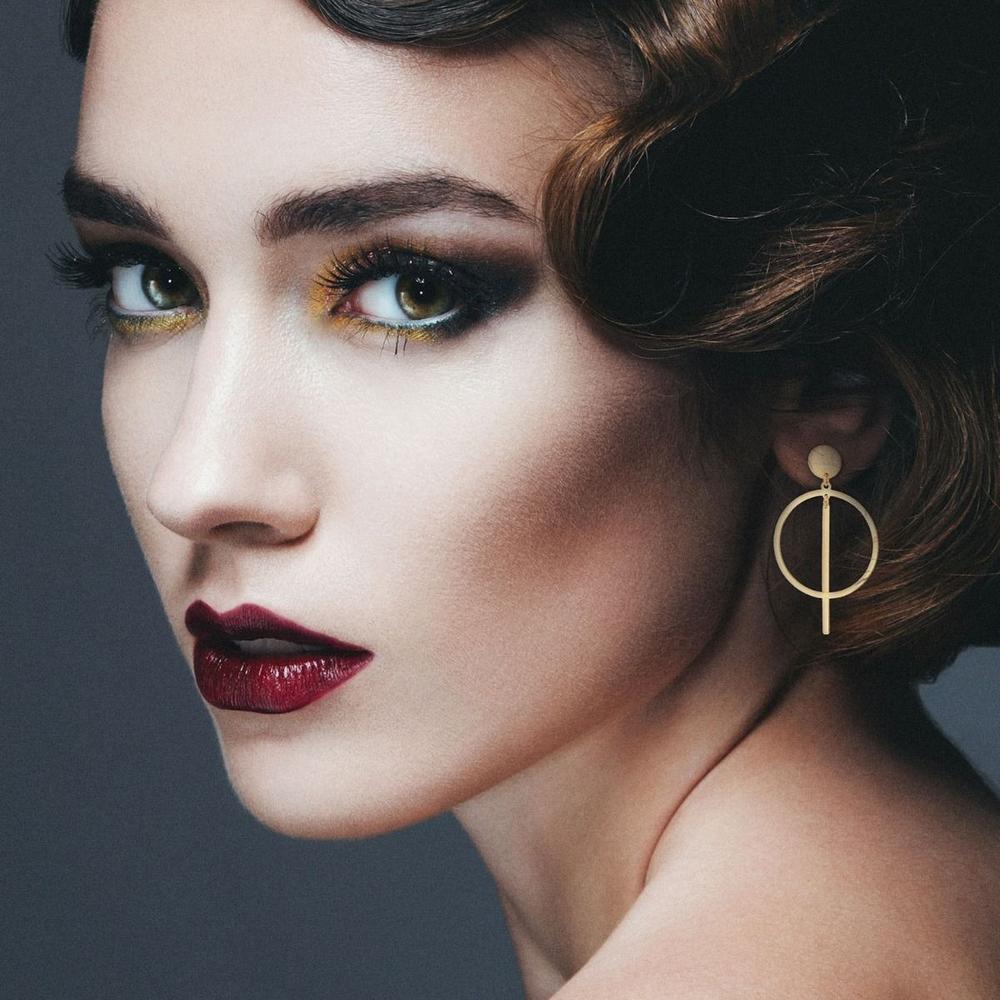 14K Yellow Gold Geometric Drop Earrings with Circle and Bar Design - Polished Finish by Orozza Fine Jewelry