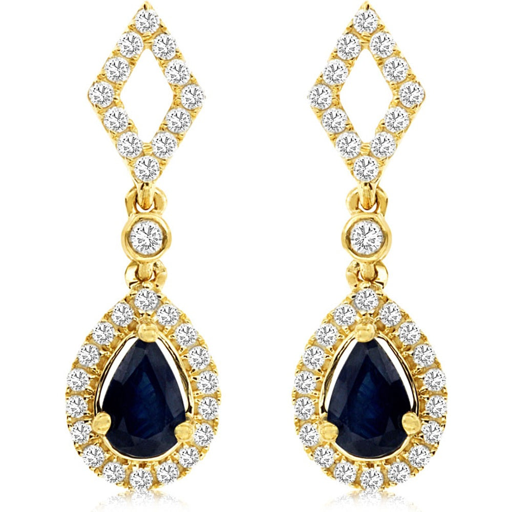 14K Yellow Gold Geometric Drop Earrings with Pear-Shaped Sapphires and Diamond Halo - 1.06 Carat Total Sapphire Weight and 0.48 Carat Total Diamond Weight - Royal Jewelry