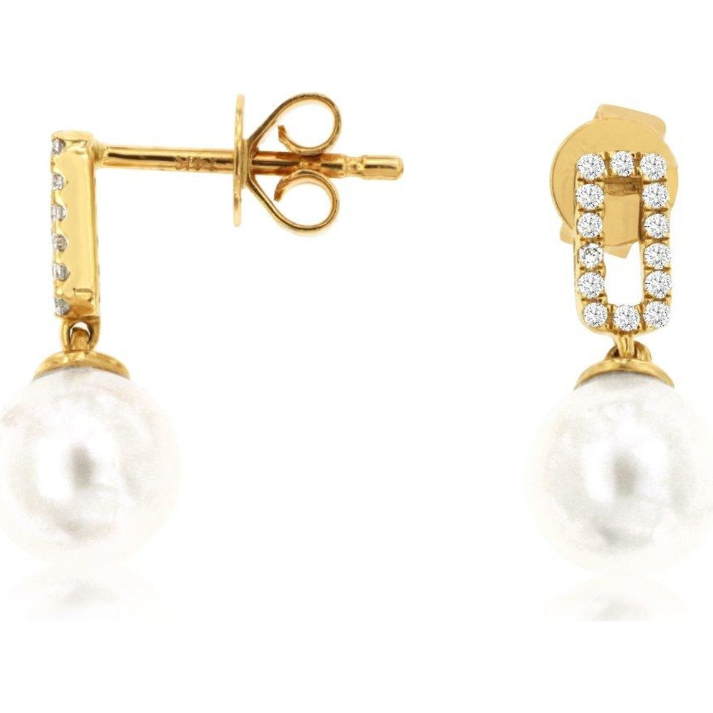 14K Yellow Gold Geometric Drop Earrings with Prong-Set Round Diamonds and Cultured Pearls - 0.10 Carat Total Diamond Weight - Royal Jewelry