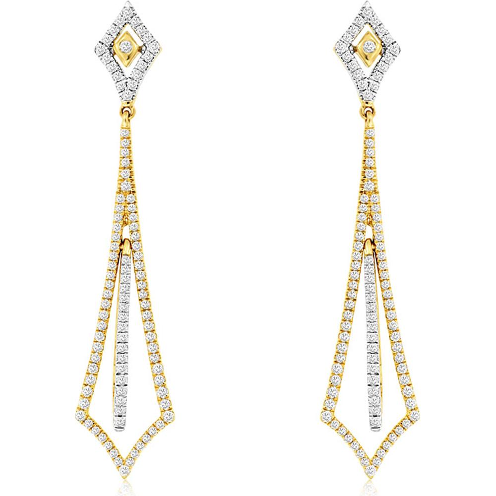 14K Yellow Gold Geometric Drop Earrings with Two-Tone Diamond Frame Design – 0.70 Carat Total Diamond Weight - Royal Jewelry