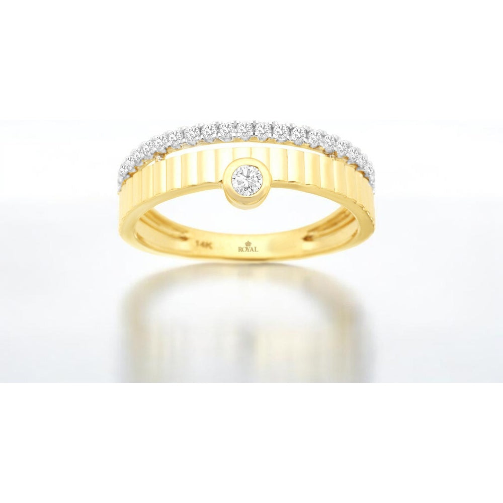 14K Yellow Gold Geometric Engagement Ring with Bezel-Set Round Center Diamond and Pavé Diamond Upper Band - 0.25 Carat Total Diamond Weight - Royal Jewelry