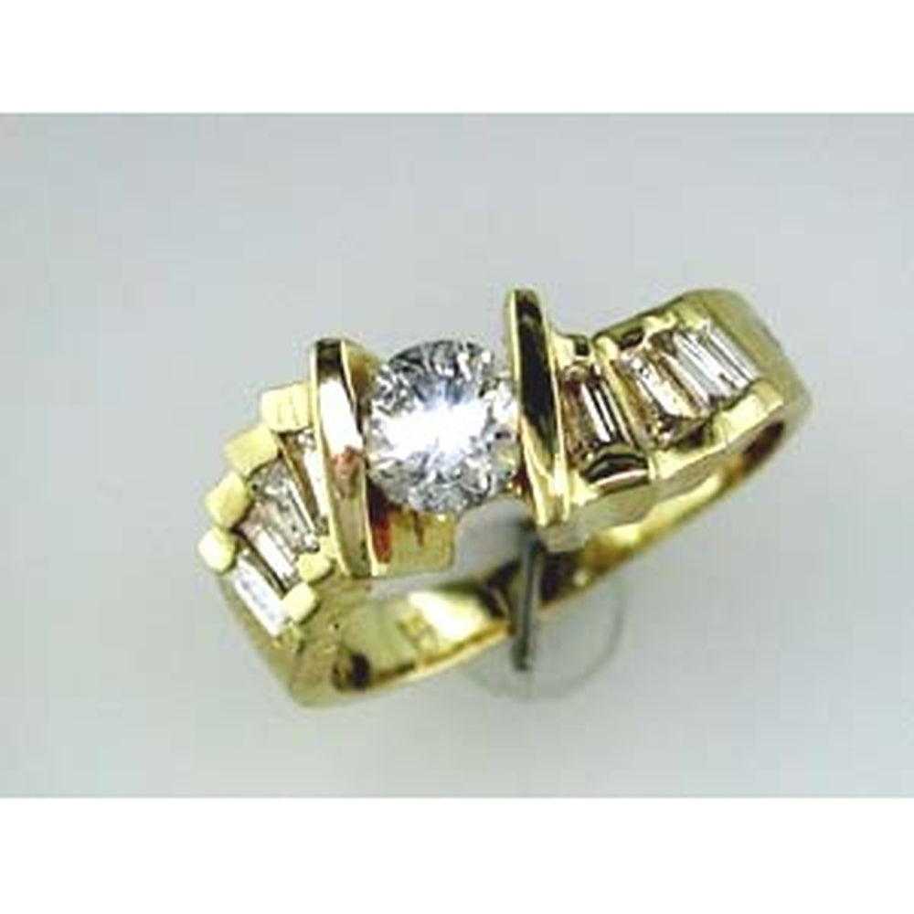 14K Yellow Gold Geometric Engagement Ring with Channel Set Round Center and Baguette Diamonds - 1.63 Carat Total Diamond Weight - Royal Jewelry
