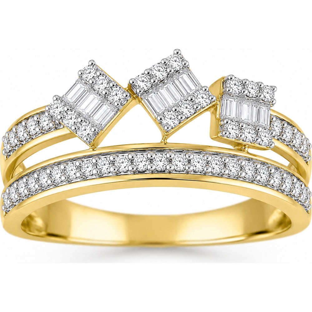 14K Yellow Gold Geometric Fashion Ring with Baguette and Round Diamond Clusters - 0.33 Carat Total Diamond Weight by Auriventus