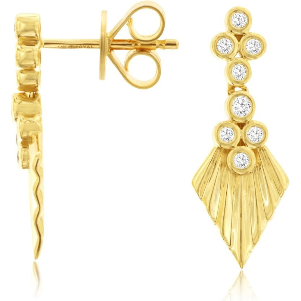 14K Yellow Gold Geometric Fluted Drop Earrings with Bezel-Set Round Diamonds - 0.12 Carat Total Diamond Weight - Royal Jewelry