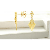 14K Yellow Gold Geometric Fluted Drop Earrings with Bezel-Set Round Diamonds - 0.12 Carat Total Diamond Weight - Royal Jewelry