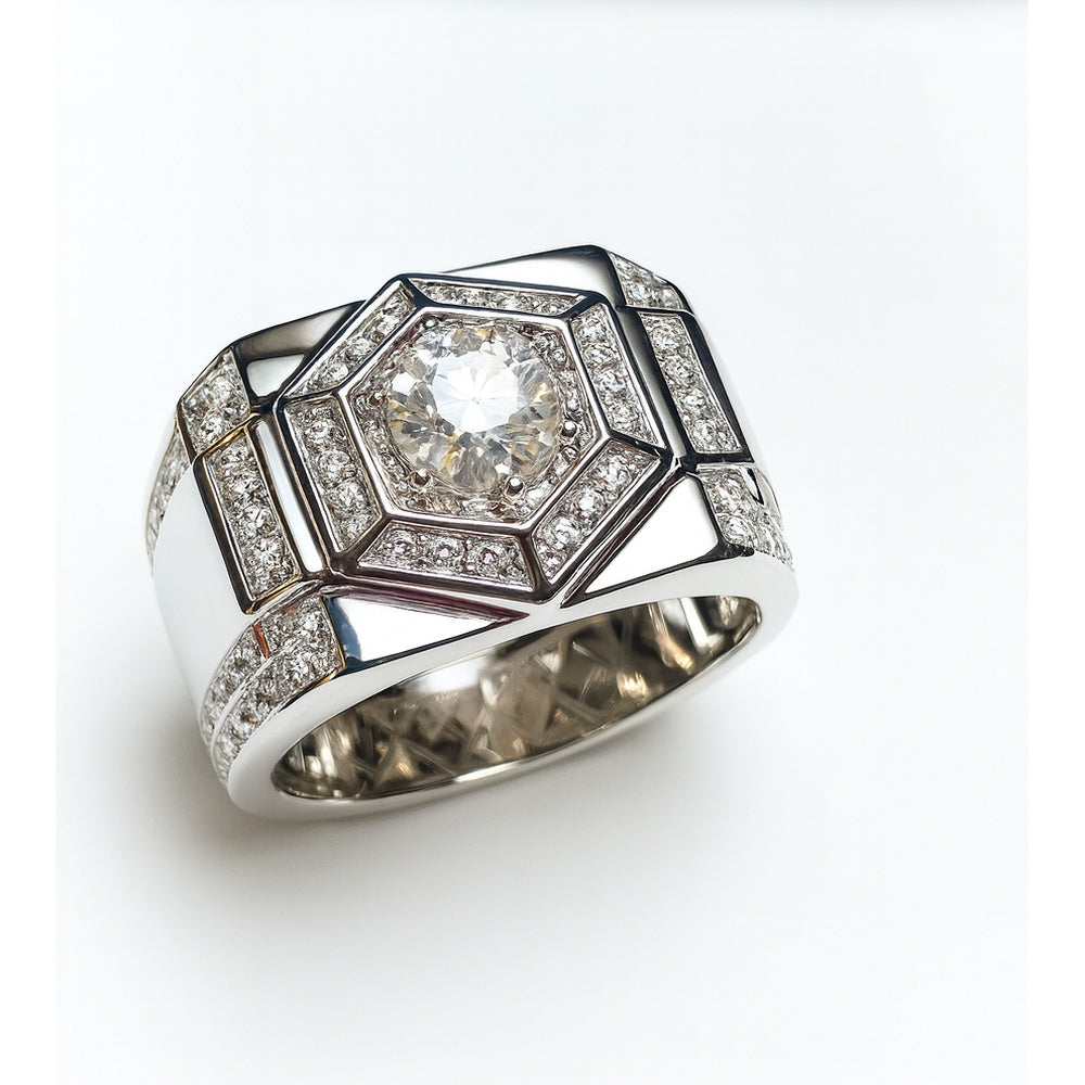 14K Yellow Gold Geometric Gents Ring with Halo Set Lab Grown Diamonds - 1.11 Carat Total Diamond Weight by Auriventus