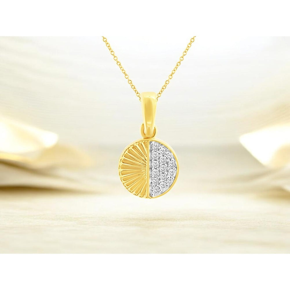 14K Yellow Gold Geometric Half-Pave Round Diamond Pendant with Sunburst Texture - 0.06 Carat Total Diamond Weight - Royal Jewelry