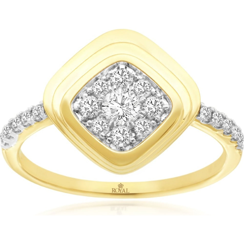 14K Yellow Gold Geometric Halo Cluster Ring with Pavé Set Round Diamonds - 0.40 Carat Total Diamond Weight - Royal Jewelry