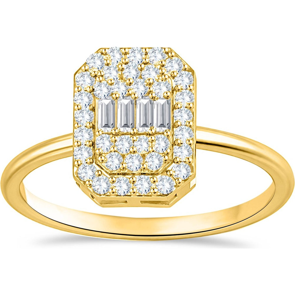 14K Yellow Gold Geometric Halo Fashion Ring with Baguette and Round Diamonds - 0.58 Carat Total Diamond Weight by Auriventus