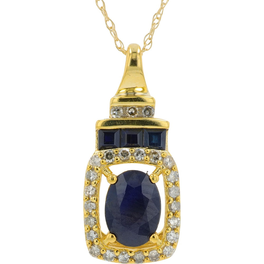 14K Yellow Gold Geometric Halo Pendant with Oval Sapphire and Square Sapphire Accents - 0.20 Carat Total Diamond Weight