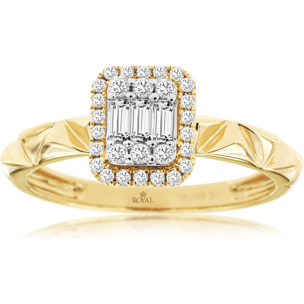 14K Yellow Gold Geometric Halo Ring with Baguette and Round Diamonds - 0.29 Carat Total Diamond Weight - Royal Jewelry