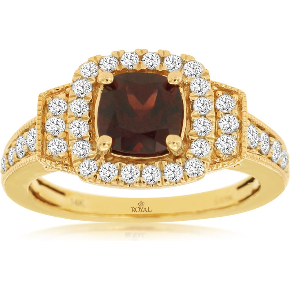 14K Yellow Gold Geometric Halo Ring with Cushion Cut Garnet and Round Diamonds - 1.20 Carat Garnet and 0.50 Carat Total Diamond Weight - Royal Jewelry