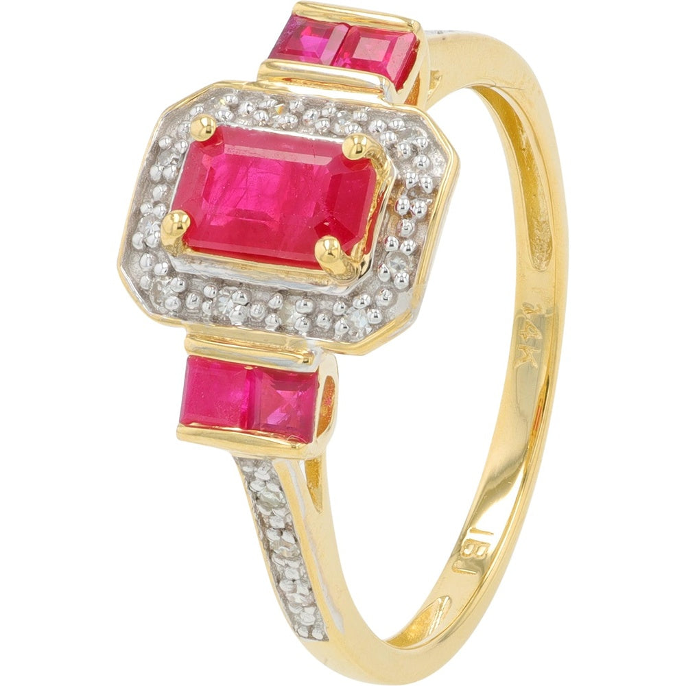 14K Yellow Gold Geometric Halo Ring with Emerald-Cut Ruby and Diamond Accents - 0.50 Carat Total Ruby Weight