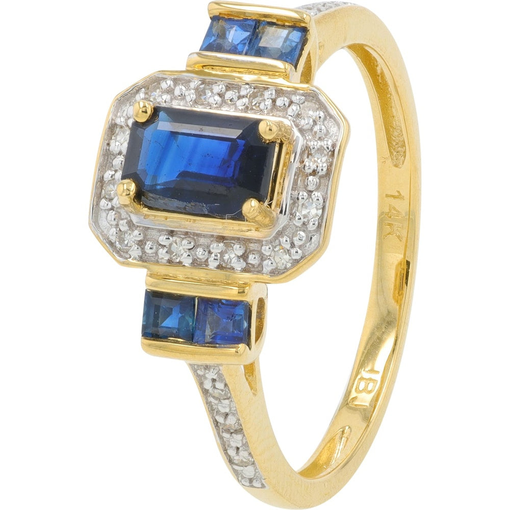 14K Yellow Gold Geometric Halo Ring with Emerald-Cut Sapphire and Diamond Accents - 0.50 Carat Total Sapphire Weight and 0.07 Carat Total Diamond Weight