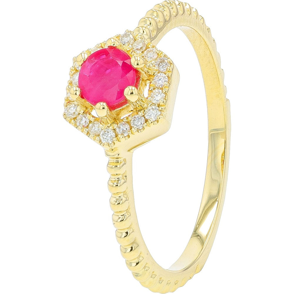 14K Yellow Gold Geometric Halo Ring with Round Ruby and Diamond Accents - 0.35 Carat Ruby and 0.10 Carat Total Diamond Weight
