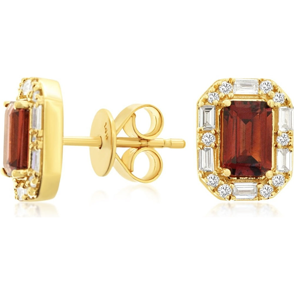 14K Yellow Gold Geometric Halo Stud Earrings with Emerald-Cut Garnets and Alternating Round and Baguette Diamonds - 1.10 Carat Total Garnet Weight and 0.27 Carat Total Diamond Weight - Royal Jewelry