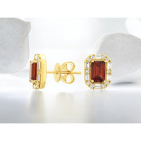 14K Yellow Gold Geometric Halo Stud Earrings with Emerald-Cut Garnets and Alternating Round and Baguette Diamonds - 1.10 Carat Total Garnet Weight and 0.27 Carat Total Diamond Weight - Royal Jewelry