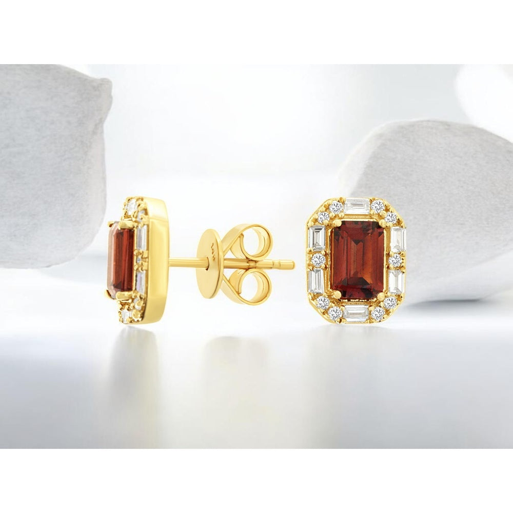 14K Yellow Gold Geometric Halo Stud Earrings with Emerald-Cut Garnets and Alternating Round and Baguette Diamonds - 1.10 Carat Total Garnet Weight and 0.27 Carat Total Diamond Weight - Royal Jewelry