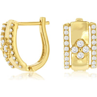 14K Yellow Gold Geometric Huggie Earrings with Prong-Set Round Diamond Edges and Floral Center Cluster - 0.60 Carat Total Diamond Weight - Royal Jewelry
