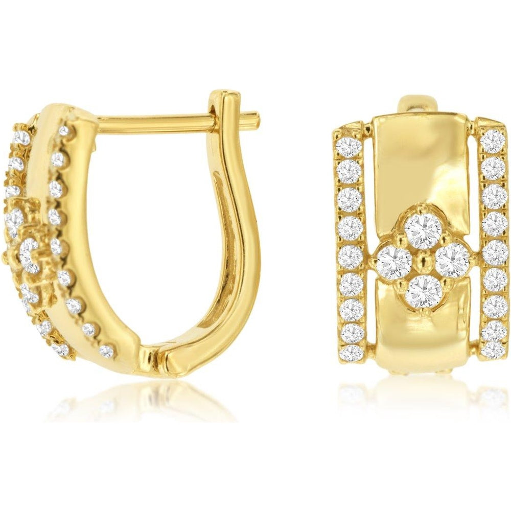 14K Yellow Gold Geometric Huggie Earrings with Prong-Set Round Diamond Edges and Floral Center Cluster - 0.60 Carat Total Diamond Weight - Royal Jewelry