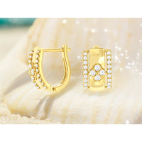 14K Yellow Gold Geometric Huggie Earrings with Prong-Set Round Diamond Edges and Floral Center Cluster - 0.60 Carat Total Diamond Weight - Royal Jewelry