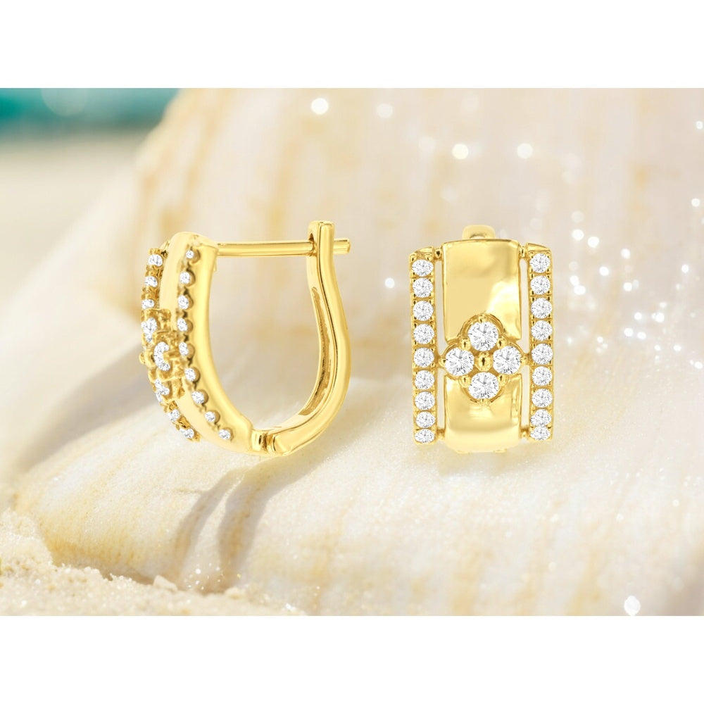 14K Yellow Gold Geometric Huggie Earrings with Prong-Set Round Diamond Edges and Floral Center Cluster - 0.60 Carat Total Diamond Weight - Royal Jewelry