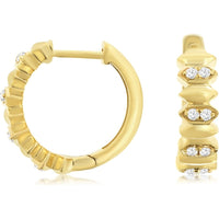 14K Yellow Gold Geometric Huggie Hoop Earrings with Recessed Round Diamonds - 0.12 Carat Total Diamond Weight - Royal Jewelry
