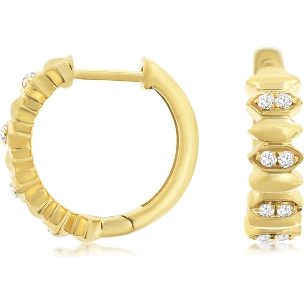 14K Yellow Gold Geometric Huggie Hoop Earrings with Recessed Round Diamonds - 0.12 Carat Total Diamond Weight - Royal Jewelry