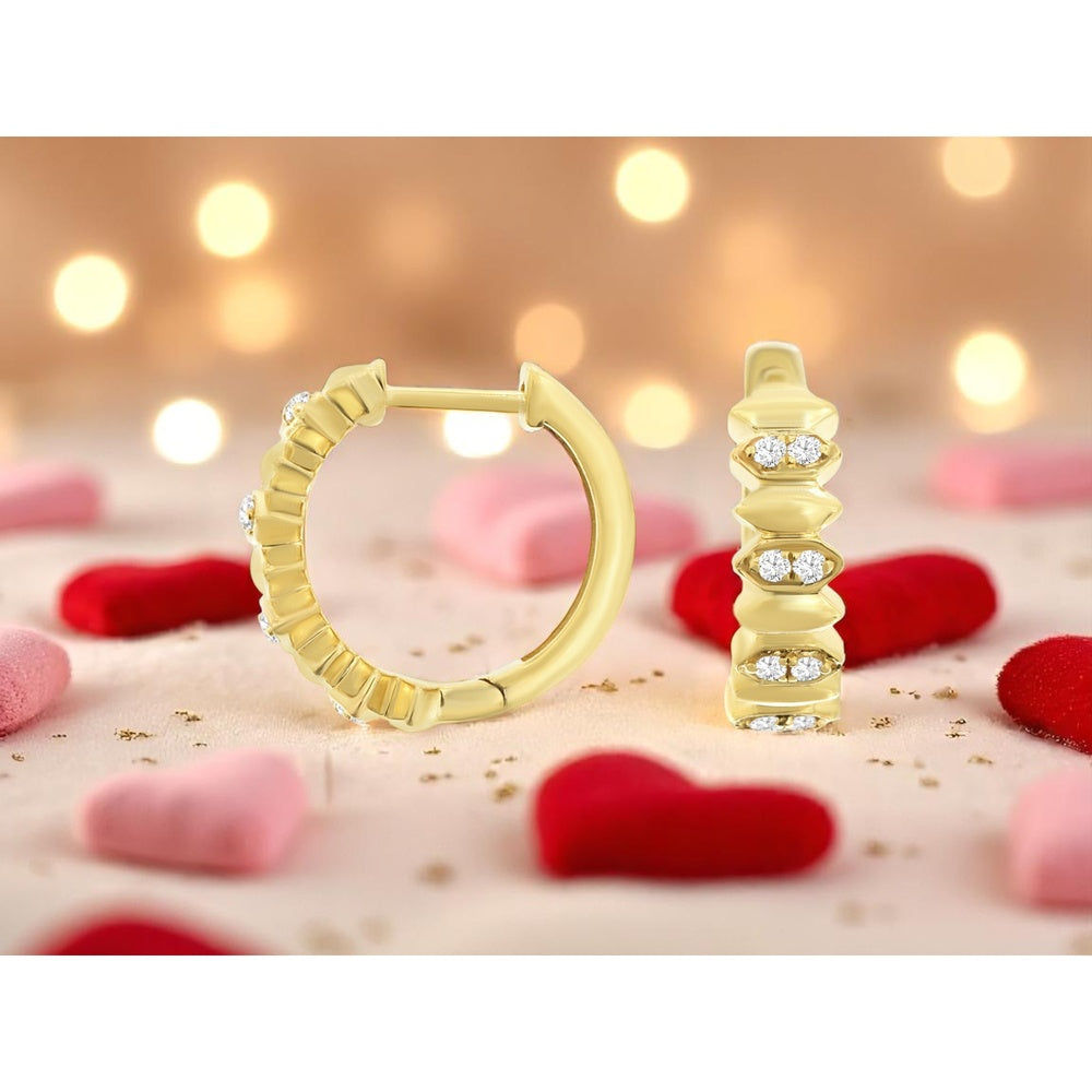 14K Yellow Gold Geometric Huggie Hoop Earrings with Recessed Round Diamonds - 0.12 Carat Total Diamond Weight - Royal Jewelry