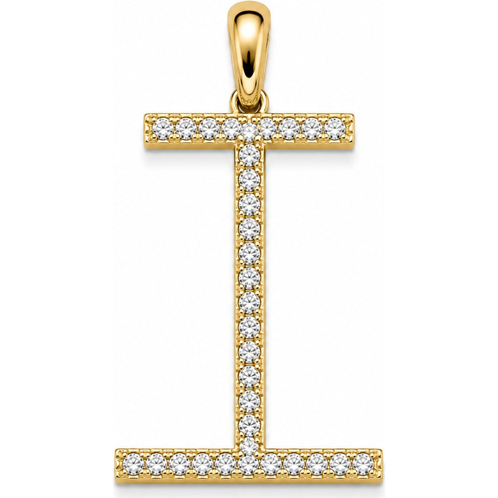 14K Yellow Gold Geometric Initial "I" Pendant with Prong-Set Round Diamonds - 0.13 Carat Total Diamond Weight by Auriventus