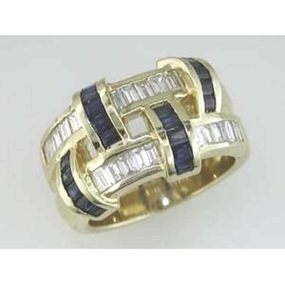 14K Yellow Gold Geometric Interlocking Ring with 1.00 Carat Round Diamonds and 1.00 Carat Baguette Sapphires - Royal Jewelry