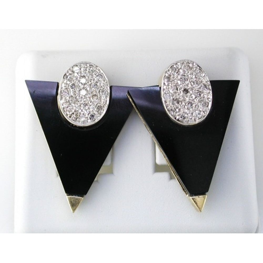 14K Yellow Gold Geometric Inverted Triangle Earrings with Black Onyx and Pavé-Set Round Diamonds - 0.62 Carat Total Diamond Weight - Royal Jewelry