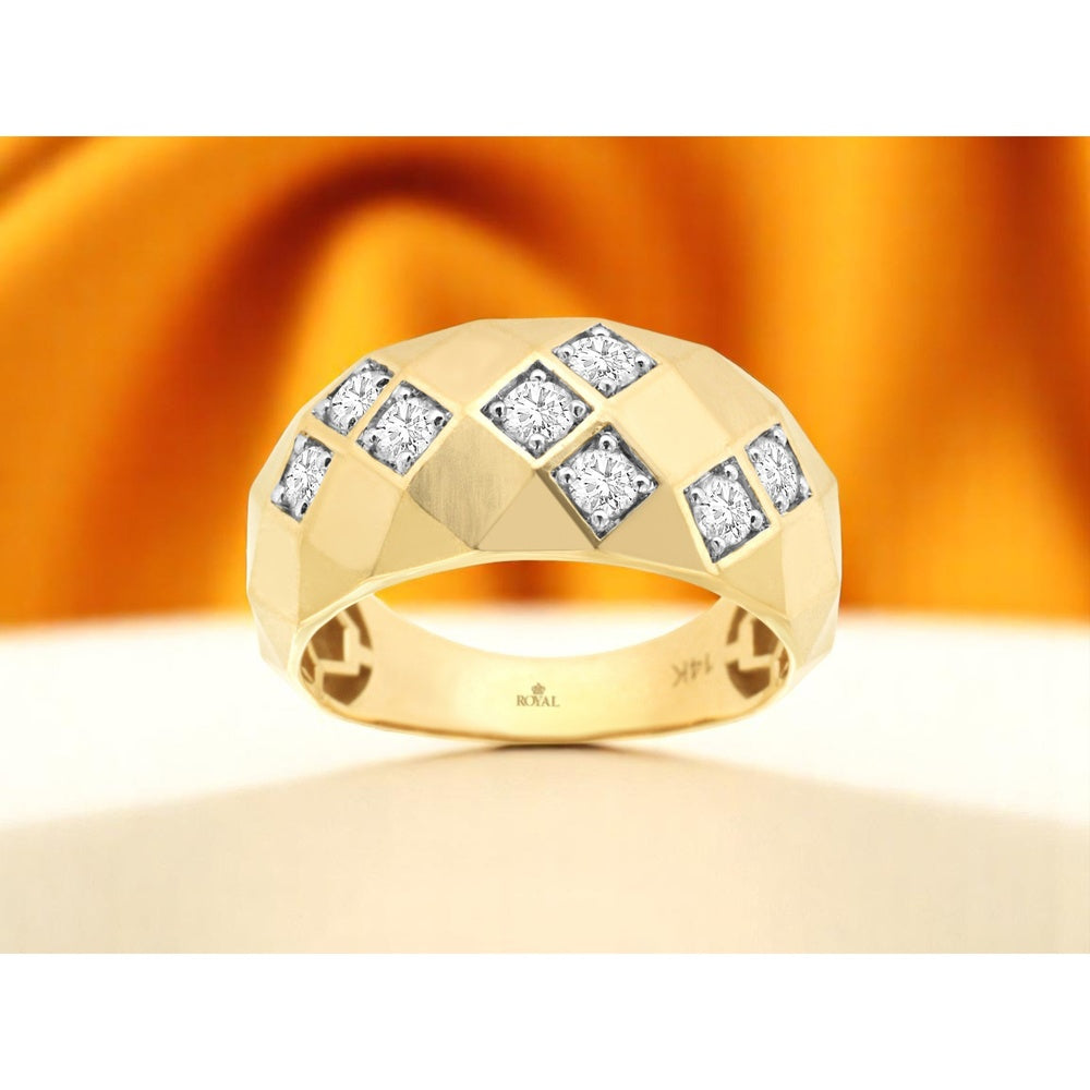 14K Yellow Gold Geometric Mosaic Diamond Wedding Band with Rhodium-Plated Prong Settings - 0.50 Carat Total Diamond Weight - Royal Jewelry
