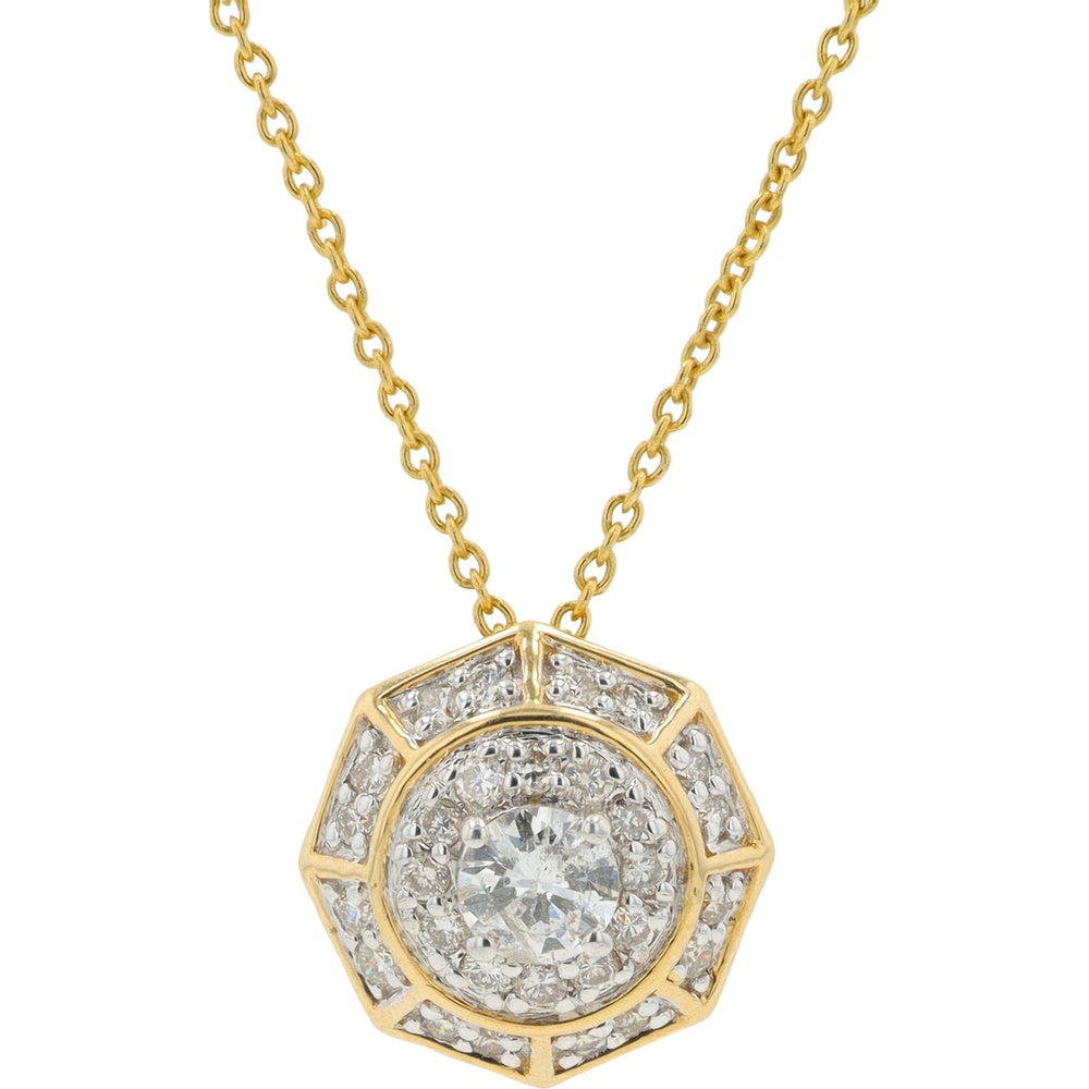 14K Yellow Gold Geometric Octagonal Pendant with Halo-Set Round Diamonds - 0.75 Carat Total Diamond Weight
