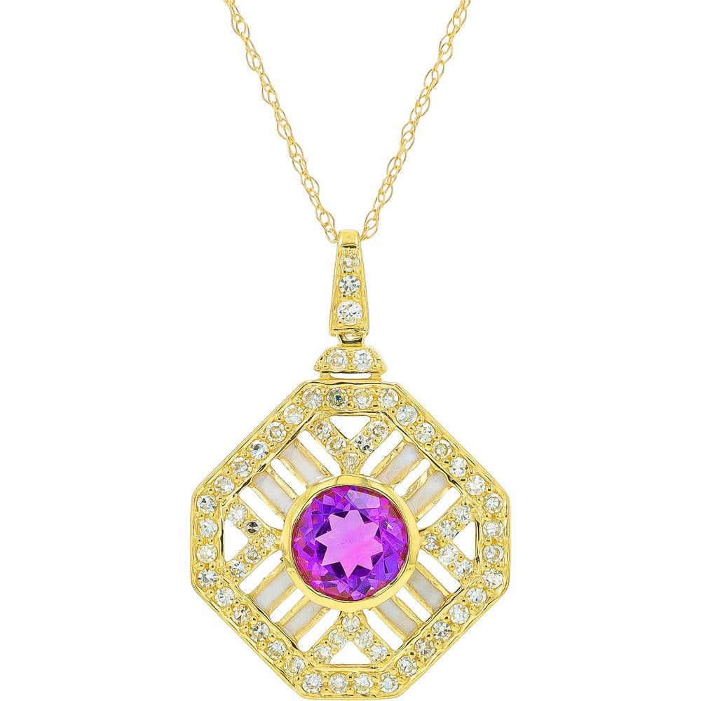 14K Yellow Gold Geometric Octagonal Pendant with Round Amethyst and Pavé Diamond Halo - 0.80-1.00 Carat Amethyst and 0.34 Carat Total Diamond Weight