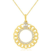14K Yellow Gold Geometric Open Circle Pendant with Chain-Link Motif and Pavé-Set Round and Baguette Diamonds - 0.20 Carat Total Diamond Weight - Royal Jewelry