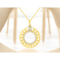 14K Yellow Gold Geometric Open Circle Pendant with Chain-Link Motif and Pavé-Set Round and Baguette Diamonds - 0.20 Carat Total Diamond Weight - Royal Jewelry