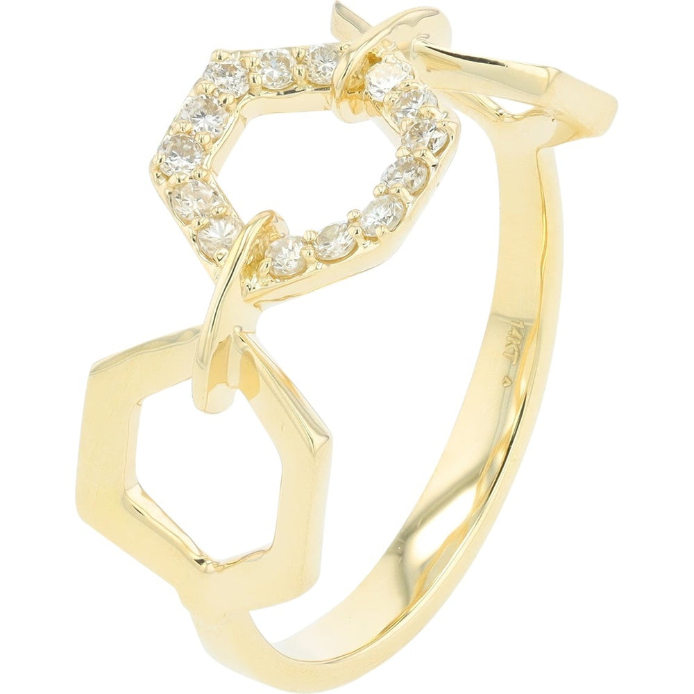 14K Yellow Gold Geometric Open Hexagon Ring with Micro-Prong Set Round Diamonds - 0.15 Carat Total Diamond Weight