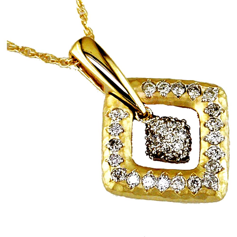 14K Yellow Gold Geometric Open Square Pendant with Hammered Texture and Round Diamond Cluster - 0.58 Carat Total Diamond Weight - Royal Jewelry