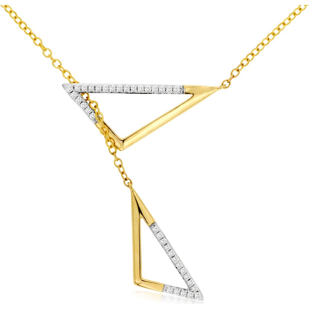 14K Yellow Gold Geometric Open Triangle Lariat Necklace with Micro-Prong Set Round Diamonds - 0.15 Carat Total Diamond Weight - Royal Jewelry