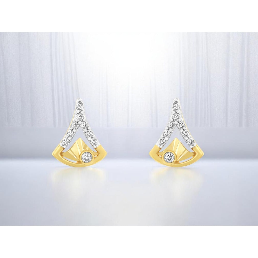 14K Yellow Gold Geometric Open V-Shape Stud Earrings with Prong Set Round Diamonds - 0.10 Carat Total Diamond Weight - Royal Jewelry