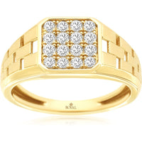 14K Yellow Gold Geometric Pavé Diamond Ring with Basket-Weave Shoulders - 0.50 Carat Total Diamond Weight - Royal Jewelry