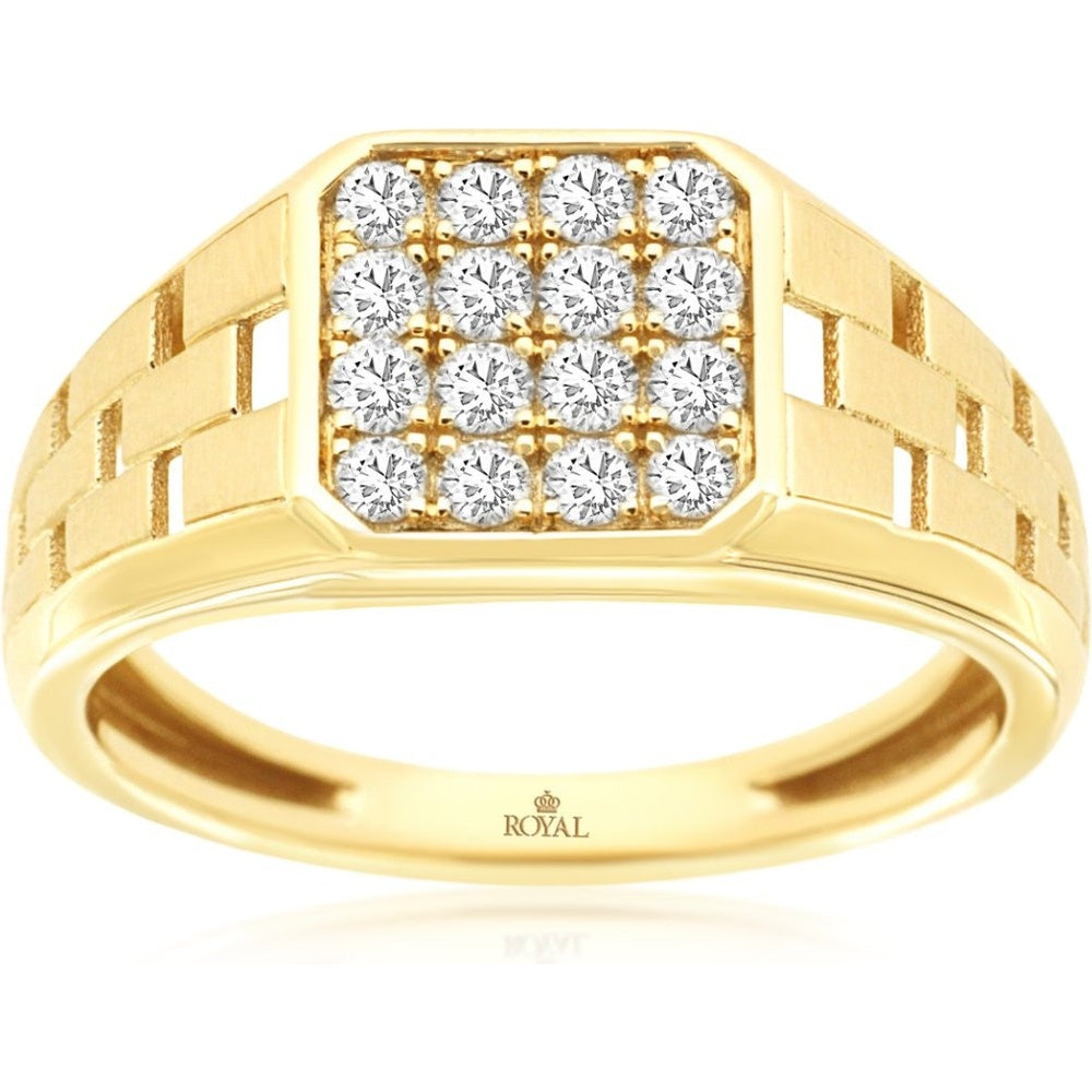 14K Yellow Gold Geometric Pavé Diamond Ring with Basket-Weave Shoulders - 0.50 Carat Total Diamond Weight - Royal Jewelry