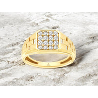 14K Yellow Gold Geometric Pavé Diamond Ring with Basket-Weave Shoulders - 0.50 Carat Total Diamond Weight - Royal Jewelry