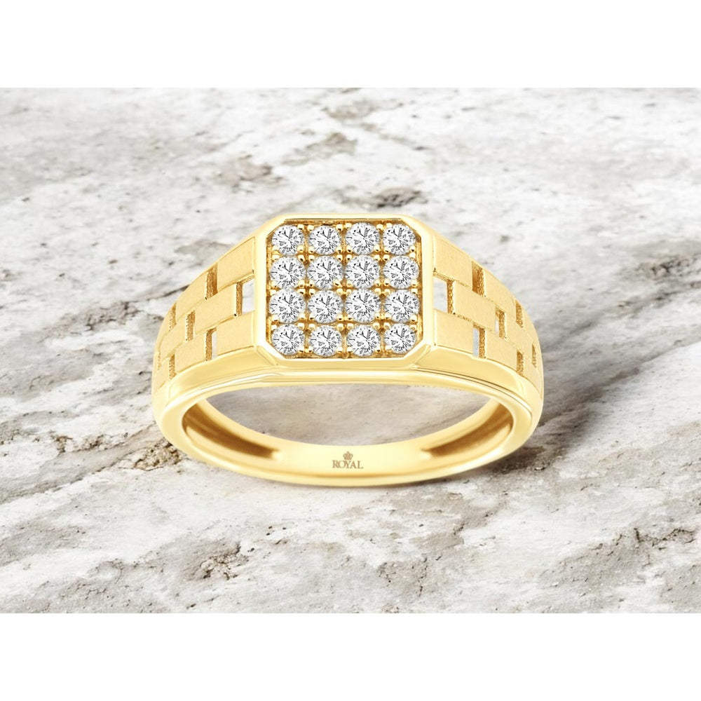 14K Yellow Gold Geometric Pavé Diamond Ring with Basket-Weave Shoulders - 0.50 Carat Total Diamond Weight - Royal Jewelry